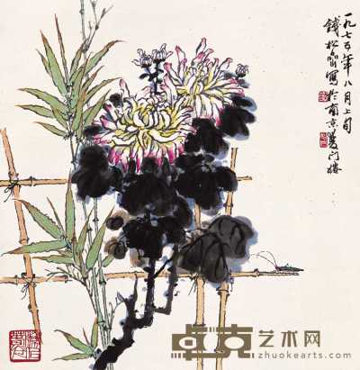 钱松嵒 1975年作 菊花天牛图 立轴 53×51.5cm